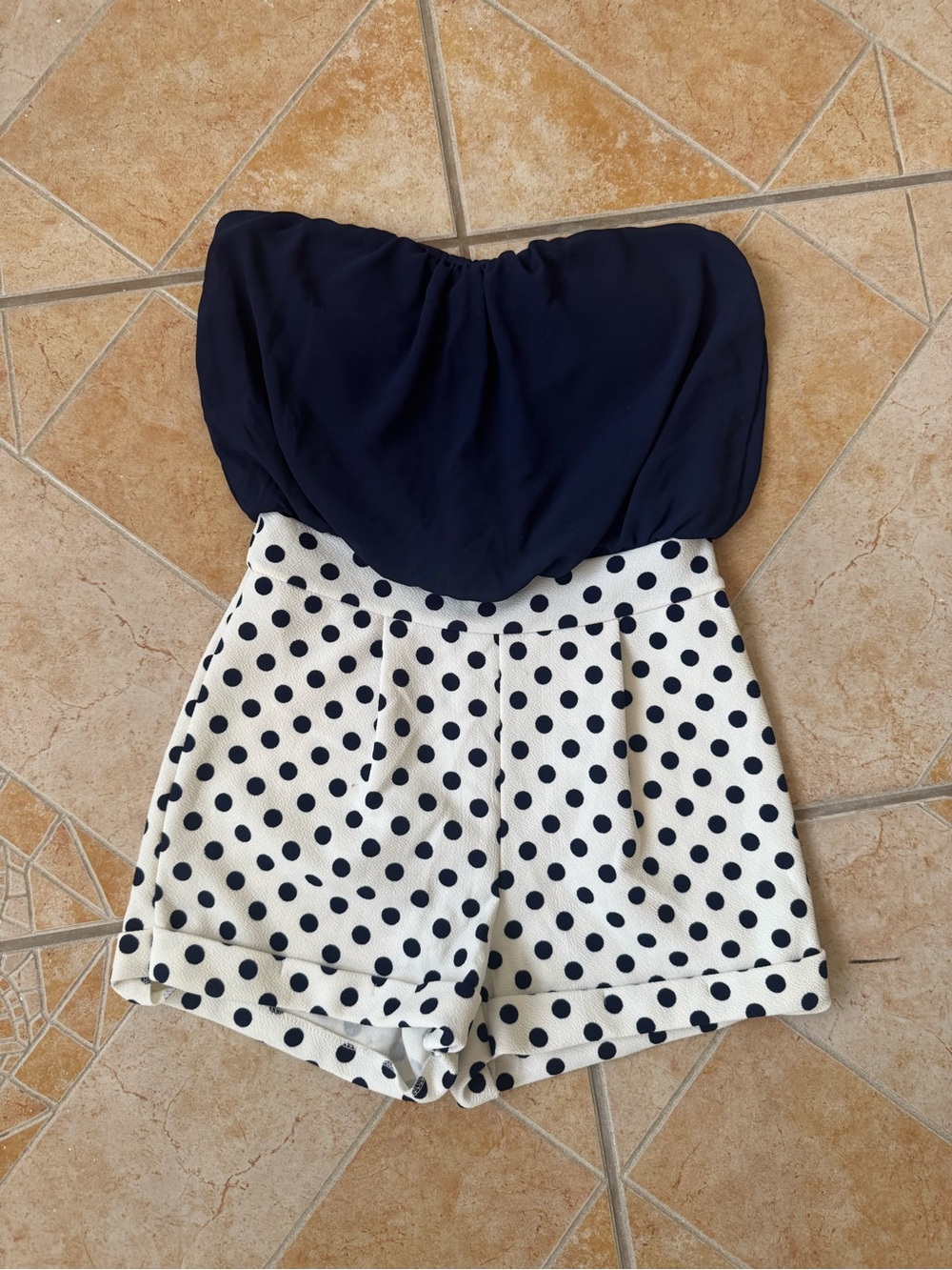 Strapless Navy & White Polka Dot Romper